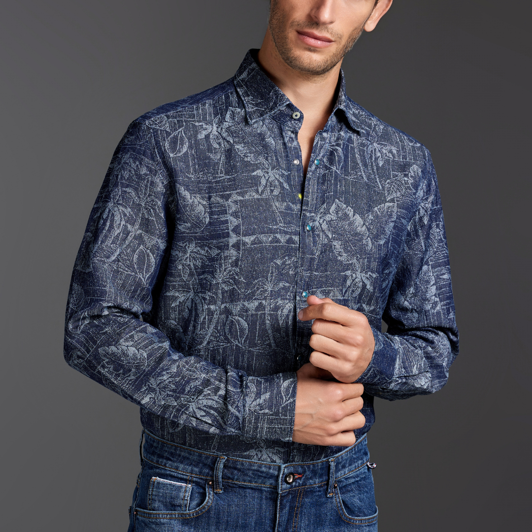Stone-Washed Denim Jacquard Shirt