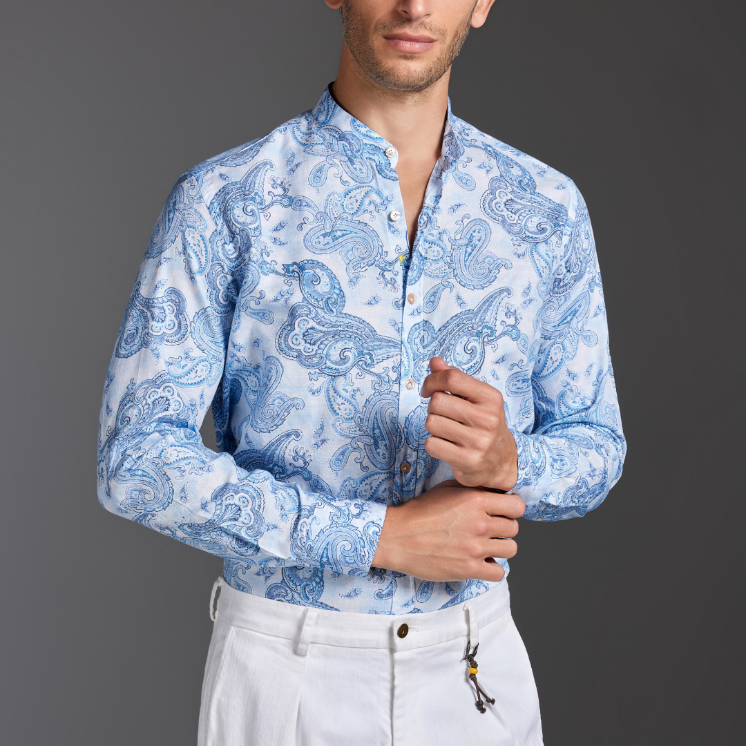 Cashmere-Print Mandarin-Collar Shirt