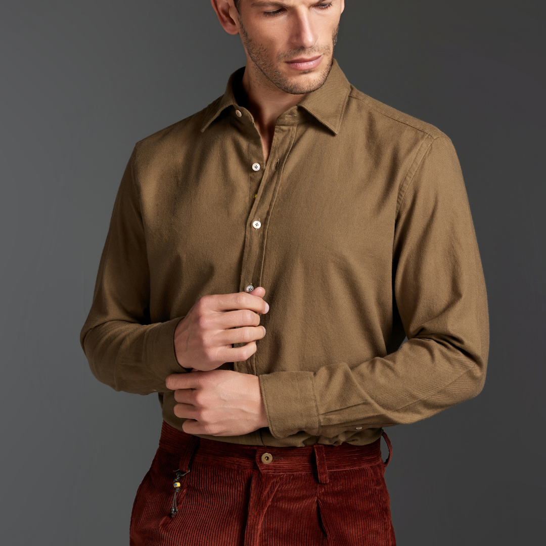 Washed Military-Green Flannel Shirt