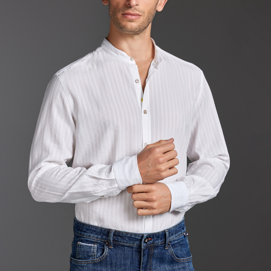 Natural White Lyocell Mandarin-Collar Shirt
