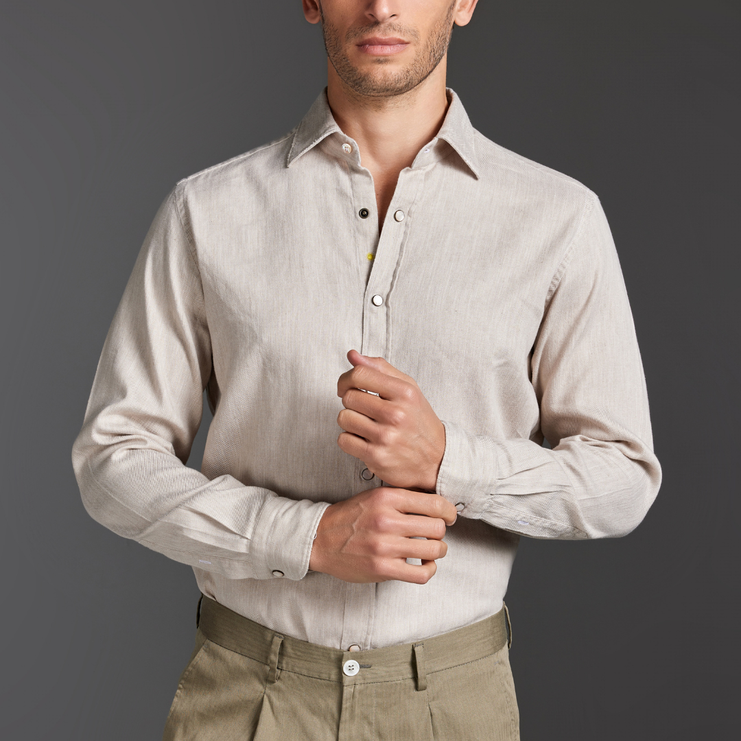 Linen-Blend Twill Shirt with Texan Shoulder