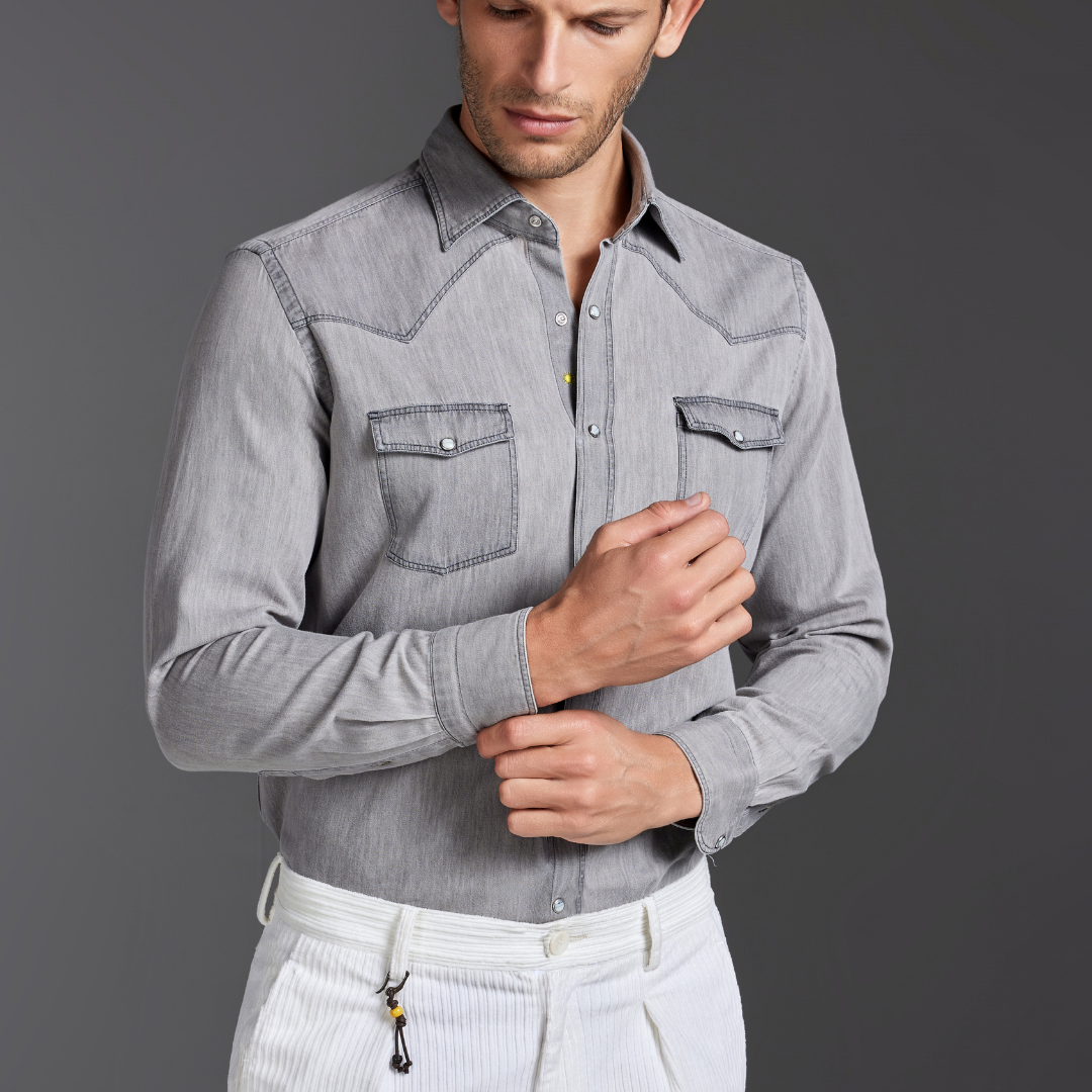 Grey Denim Texan-Style Shirt Regular Fit | 100% Cotton | Made in Italy | Giannetto Portofino Grey Denim Texan-Style Shirt Regular Fit | 100% Cotton | Made in Italy | Giannetto Portofino
