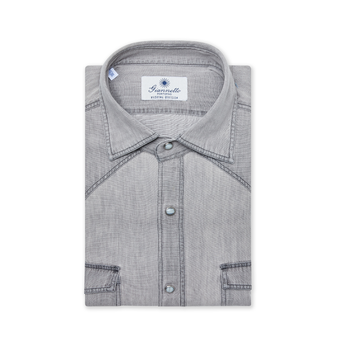 Grey Denim Texan-Style Shirt Regular Fit | 100% Cotton | Made in Italy | Giannetto Portofino Grey Denim Texan-Style Shirt Regular Fit | 100% Cotton | Made in Italy | Giannetto Portofino