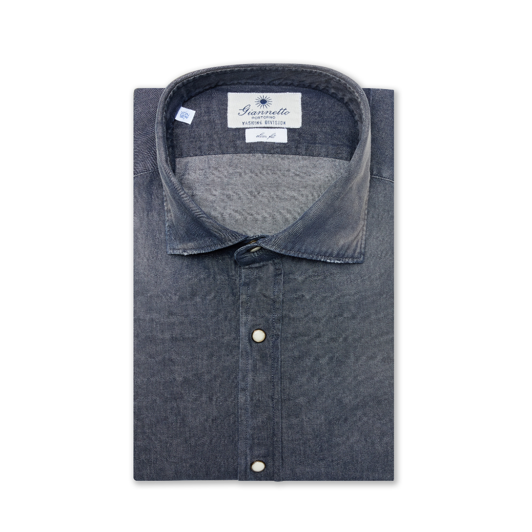 Dark Denim Twill Shirt with Sabbiature